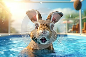 Rabbit playing in swimming pool. Generative AI
