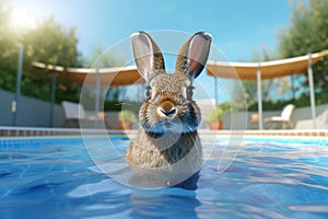 Rabbit playing in swimming pool. Generative AI