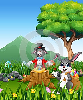 The rabbit plays magic on the tree stump