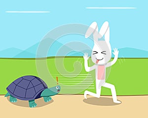 Rabbit ran over the turtle, vector design