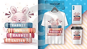 Rabbit reads books poster and merchandising.