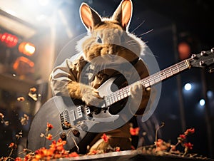 Rabbit rocking guitar on mini stage