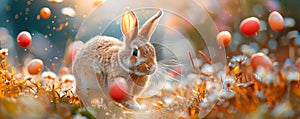 A rabbit is running through a field of flowers and eggs