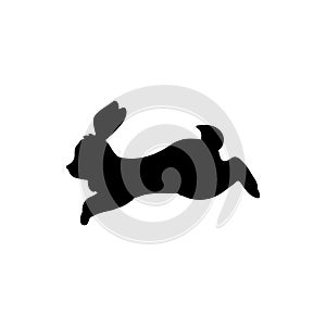 Rabbit running and jumping, black silhouette, flat vector illustration isolated on white background.