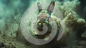 A rabbit running through the sand in the sand