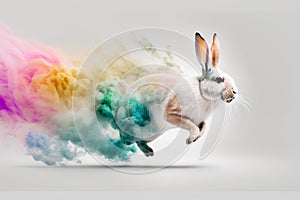 Rabbit runs fast in the colourful cloud of smoke or dust. Easter is coming. Generative ai