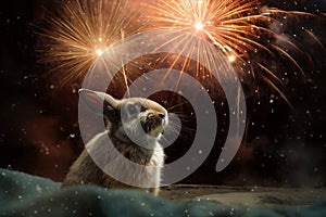 Rabbit's Curious Gaze at Bursting Fireworks. AI