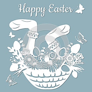 Rabbit`s paws, basket, butterfly, dandelion, grass, leaves, flowers, chamomile, egg. Vector illustration. Easter eggs for Easter