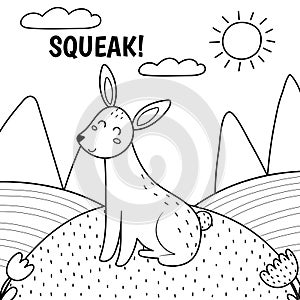 Rabbit saying squeak black and white print. Cute farm character on a green pasture making a sound photo