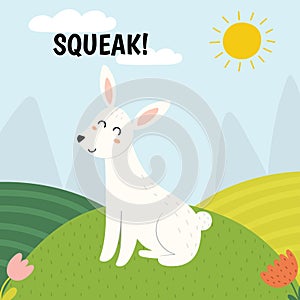 Rabbit saying squeak print. Cute farm character on a green pasture making a sound