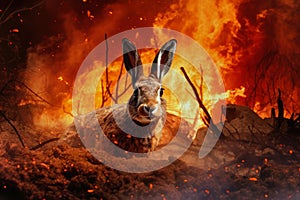 A rabbit is seen running amidst a forest with a raging fire in the background, symbolizing the threat of wildfires on wildlife