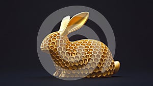 A rabbit shaped from golden honeycomb, textured with hexagonal photo