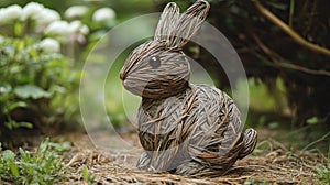 A rabbit shaped from textured Easter basket wicker, natural and rustic
