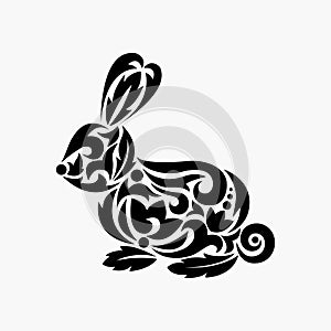 Rabbit silhouette. Tattoo. Vector illustration. Silhouette of rabbit with ornament.