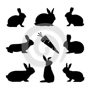 Rabbit Silhouettes And Carrot - Black Vector Illustration Set - Isolated On White Background