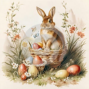 A rabbit sits in a basket surrounded by colorful Easter eggs