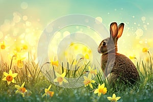 A rabbit sits in the grass, Easter celebration. Place for text. Generative AI