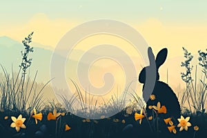 A rabbit sits in the grass, Easter celebration. Place for text. Generative AI