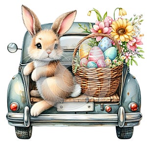 Rabbit Sitting on the back of an antique car clipart watercolor