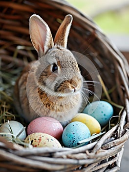 A rabbit sitting in a basket with eggs on the ground, AI