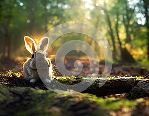 Rabbit Sitting in Forest. Generative AI