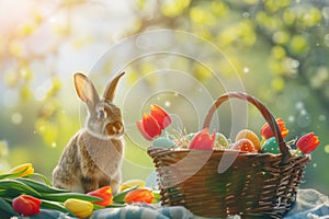 A rabbit is sitting in front of a basket of Easter eggs