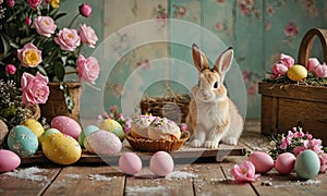 A rabbit is sitting in front of a basket of Easter eggs.