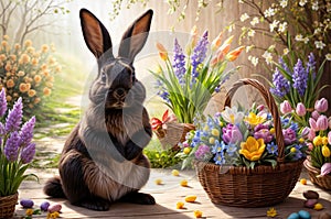 A rabbit is sitting in front of a basket of Easter eggs and flowers