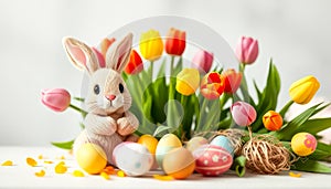 Rabbit is sitting in front of a bunch of Easter eggs and flowers