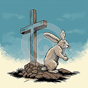 rabbit sitting in front of a cross. Silly rabbit easter is for jesus concept, AI generated