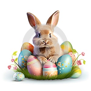 Rabbit Sitting in Front of Easter Decorated Eggs. Generative AI