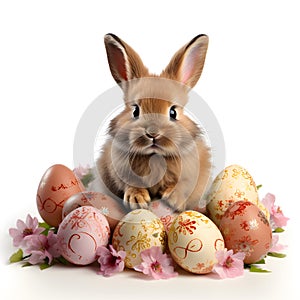 Rabbit Sitting in Front of Easter Decorated Eggs. Generative AI