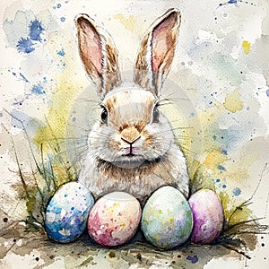 Rabbit is sitting in front of a group of eggs