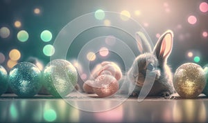 a rabbit sitting in front of a group of shiny eggs on a table with a blurry background of colored lights in the back ground