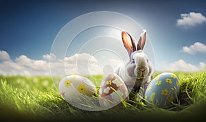 a rabbit sitting in the grass with three eggs in front of it and a sky background with clouds and sun shining through the clouds