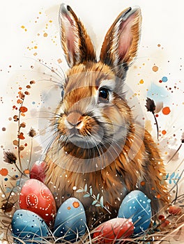 a rabbit is sitting in a nest with easter eggs
