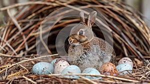 A rabbit sitting in a nest of eggs with other eggs, AI