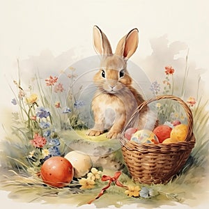 a rabbit is sitting next to a basket of easter eggs