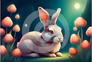 Rabbit is sitting whit pink flowers on night background Generative AI