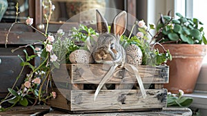 A rabbit sitting in a wooden crate with eggs and flowers, AI
