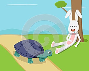 Rabbit sleep under tree while tortoise run on road
