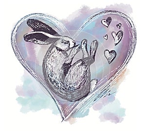 The rabbit sleeps in a big heart in soft colors, next to small hearts. A fantasy composition. Digital illustration, isolated on a