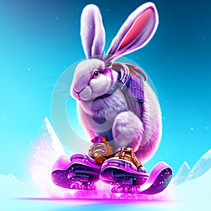 Rabbit on snowboard. 3D illustration. 3D CG. High resolution. Generative AI