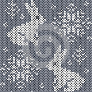Rabbit in snowy forest jacquard seamless pattern
