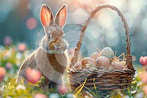 A rabbit is standing in a field of flowers next to a basket of Easter eggs