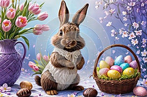 A rabbit is standing in front of a basket of Easter eggs and a vase of flowers