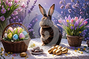 A rabbit is standing in front of a basket of Easter eggs and a vase of flowers