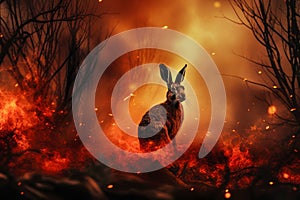 A rabbit stands alert in the midst of a forest, possibly escaping from a spreading fire, highlighting the urgent environmental