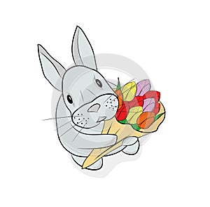 Rabbit stands with a bouquet of flowers, tulips. the concept of spring and the Easter holiday. vector illustration.