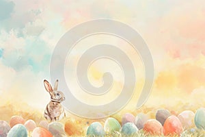 A rabbit stands in a field of Easter eggs under the sky